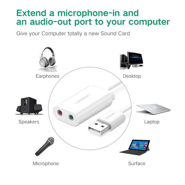 Cáp chuyển USB ra Sound UGREEN 30143 (jack 3.5mm Headphone và Microphone) Chính Hãng