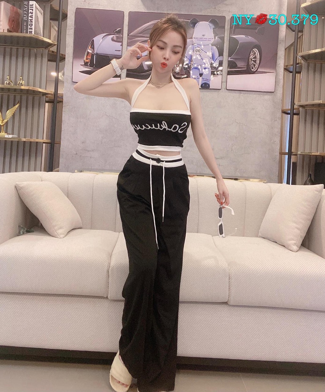  Set áo thun croptop in quần ống rộng dài lưng chun đồ bộ thun cá tính màu đen dạo phố năng động áo ống áo yếm dây 
