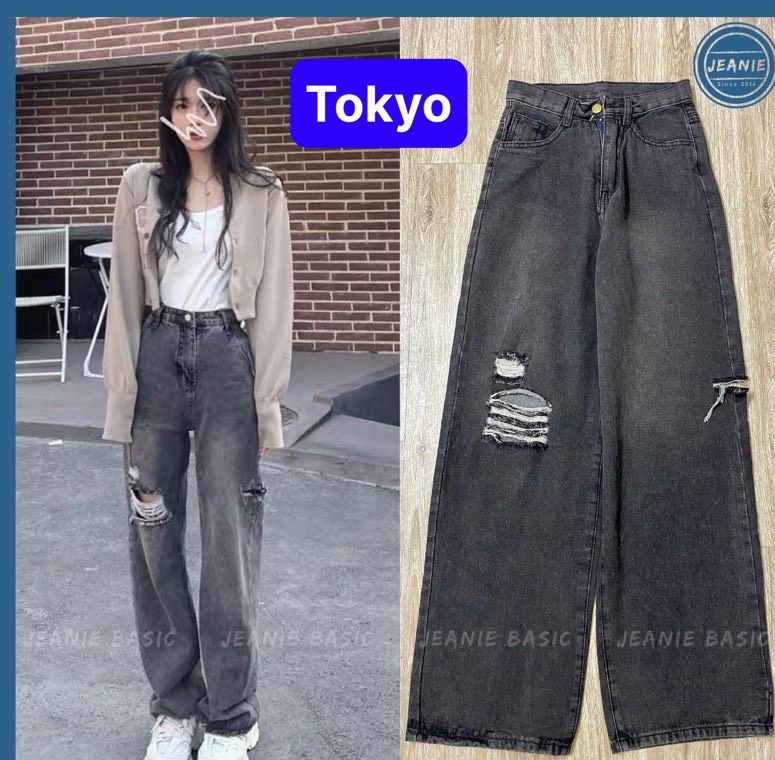 Quần jean ống suông rộng màu xanh đen rách cơ bản cạp lưng cao nâng mông tôn dáng cho mọi cô gái - Tokyo Fashion
