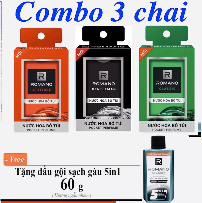 Combo 3 Nước hoa bỏ túi Romano Classic, Attitude, Force, Gentleman nồng ấm quyến rũ 18ml x 3 chai (tặng 1 gội 60gr ) giá rẻ