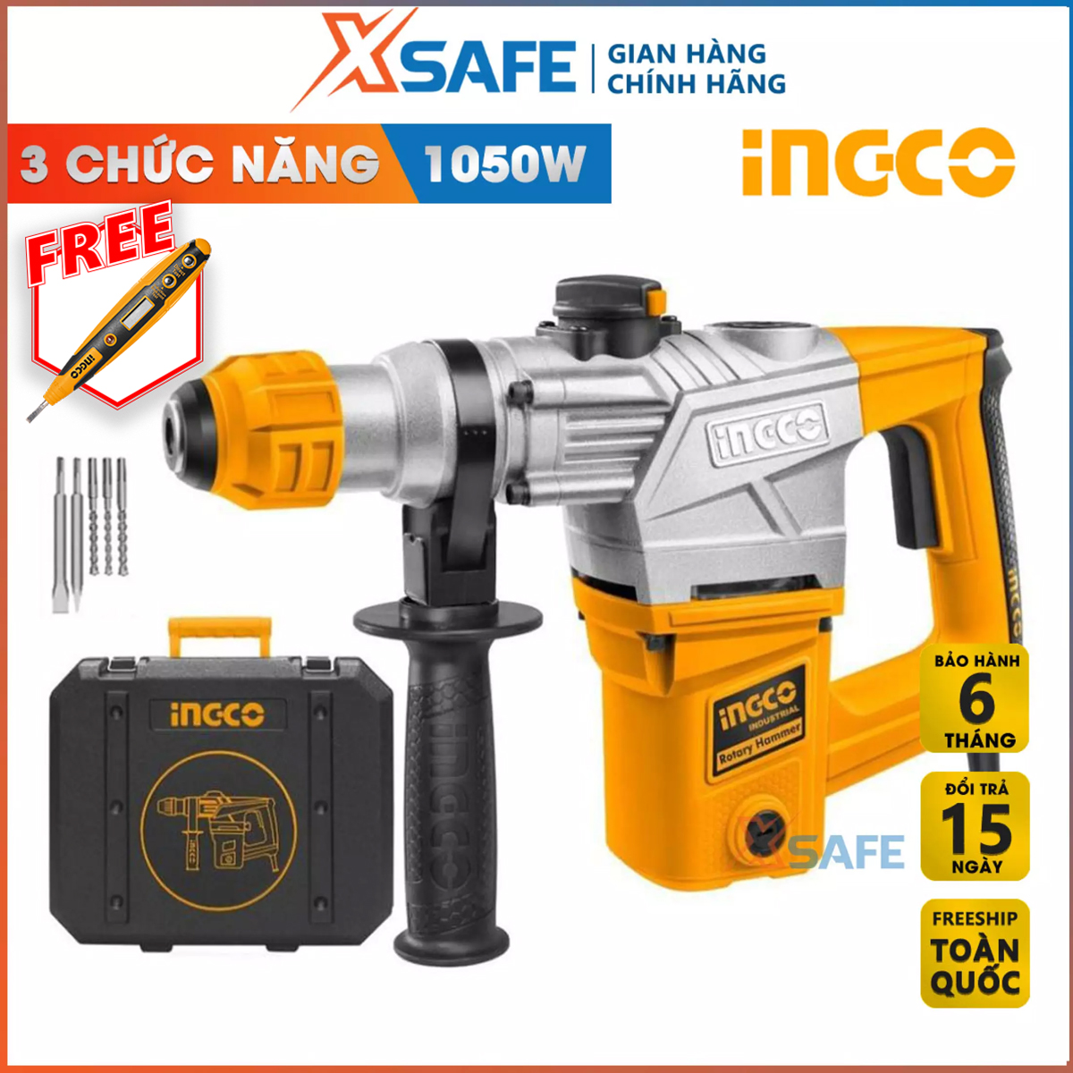 Machine drill chisel 1050W ingco RH10508 attached 3 drill bit Tuck and 2 tip chisel. Machine drill chisel hand have no-load speed 900 within minutes, speed beating 4000 BPM, force beating 5J,