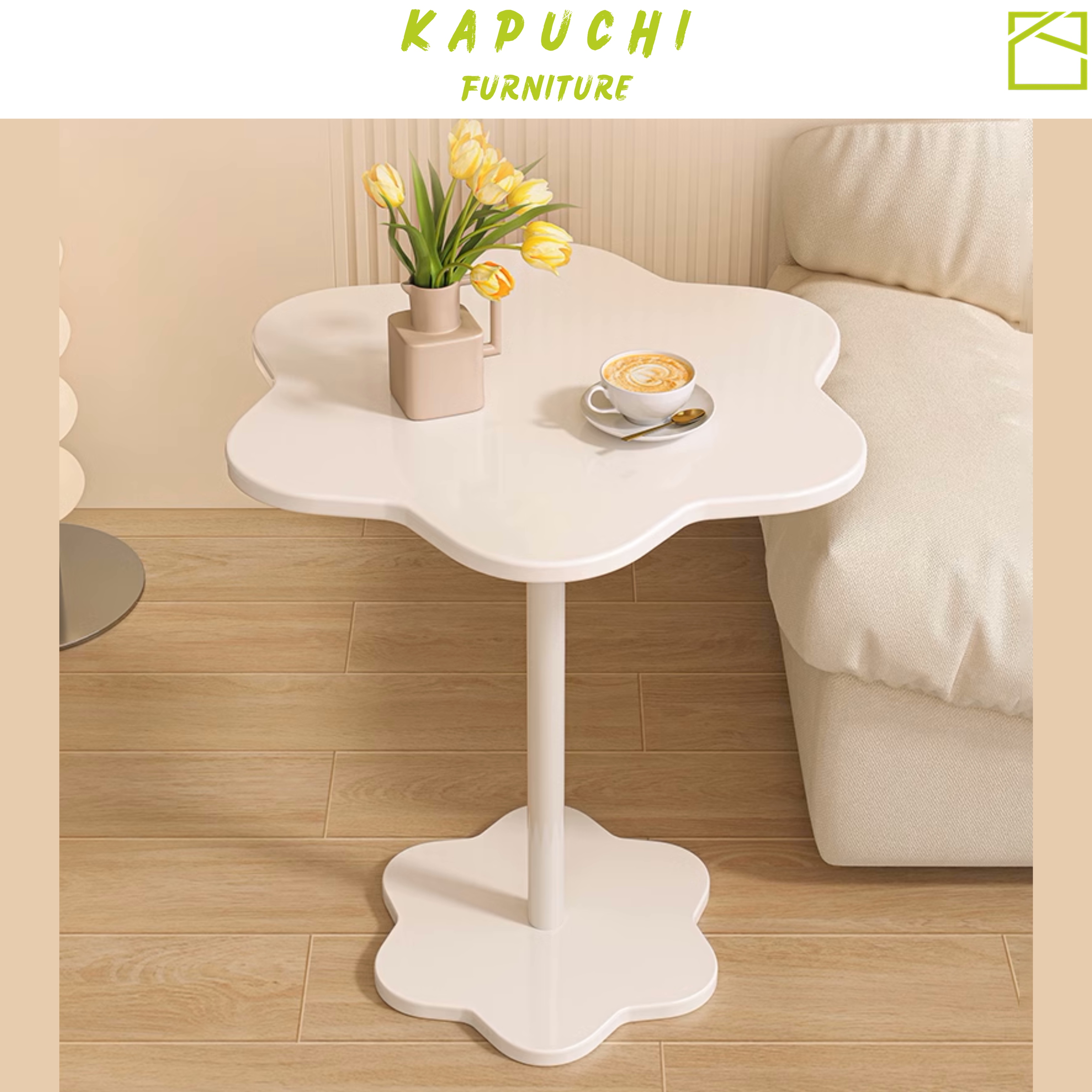Bàn trà cánh hoa trắng Bàn sofa decor chân sắt tròn - KM111