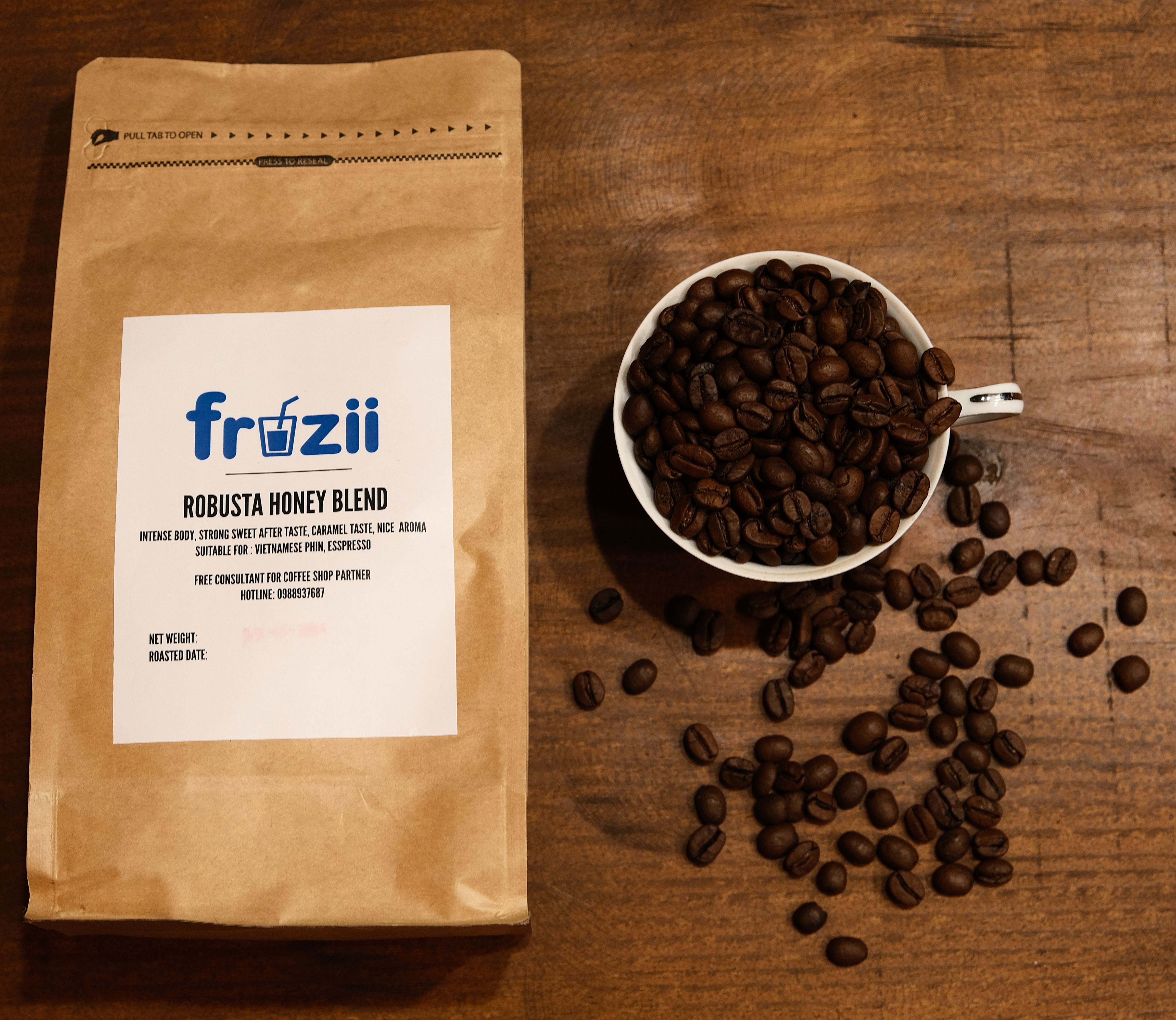 Cà phê hạt rang Robusta honey blend Arabica từ Fruzii