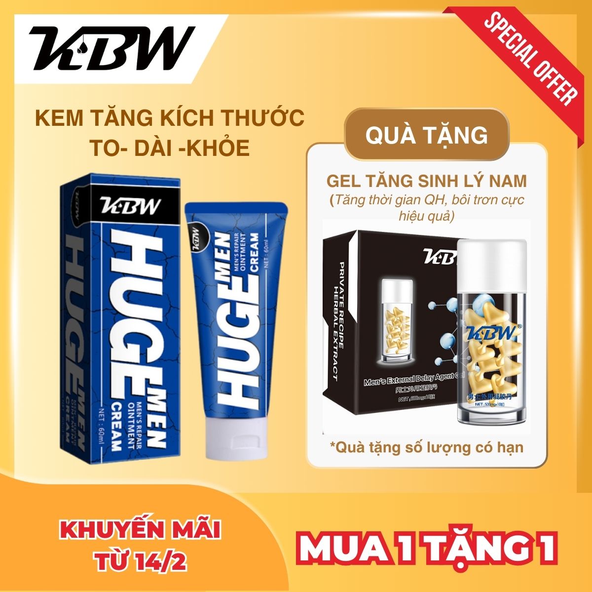 Gel Tăng Kích Thước Cậu Nhỏ Cực Đại KBW Phóng To Kích Thước Cậu Nhỏ Khổng Lồ 18-20cm Chống Xuất Sớm 