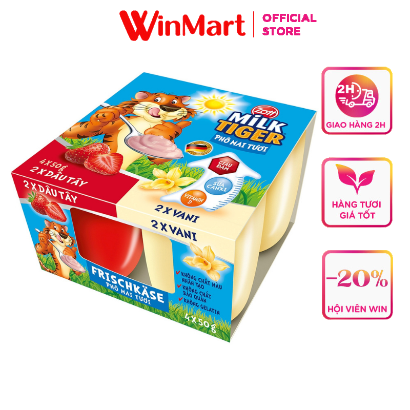 Vỉ 4 hộp Zott phô mai tươi Milk Tiger dâu vani 50g