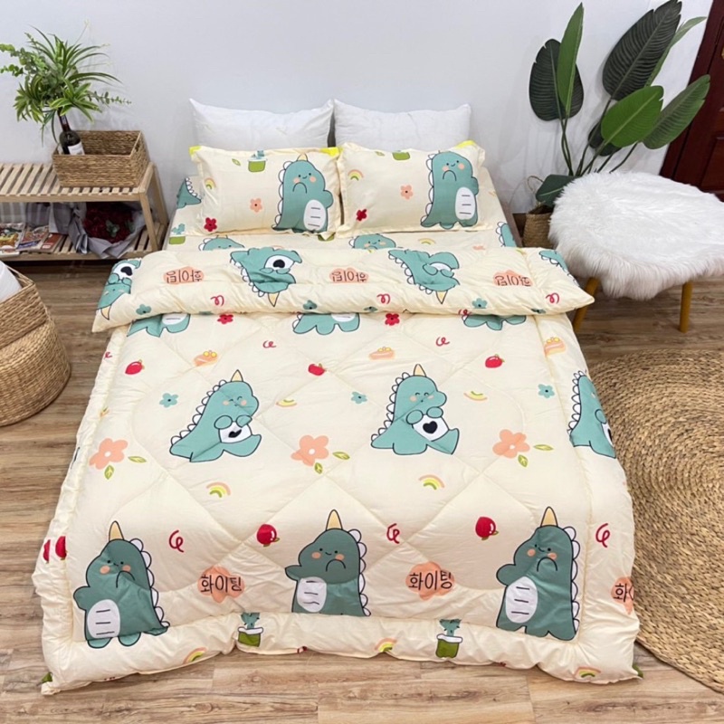 Bộ chăn ga gối 5 món- 4 món  khủng long trắng