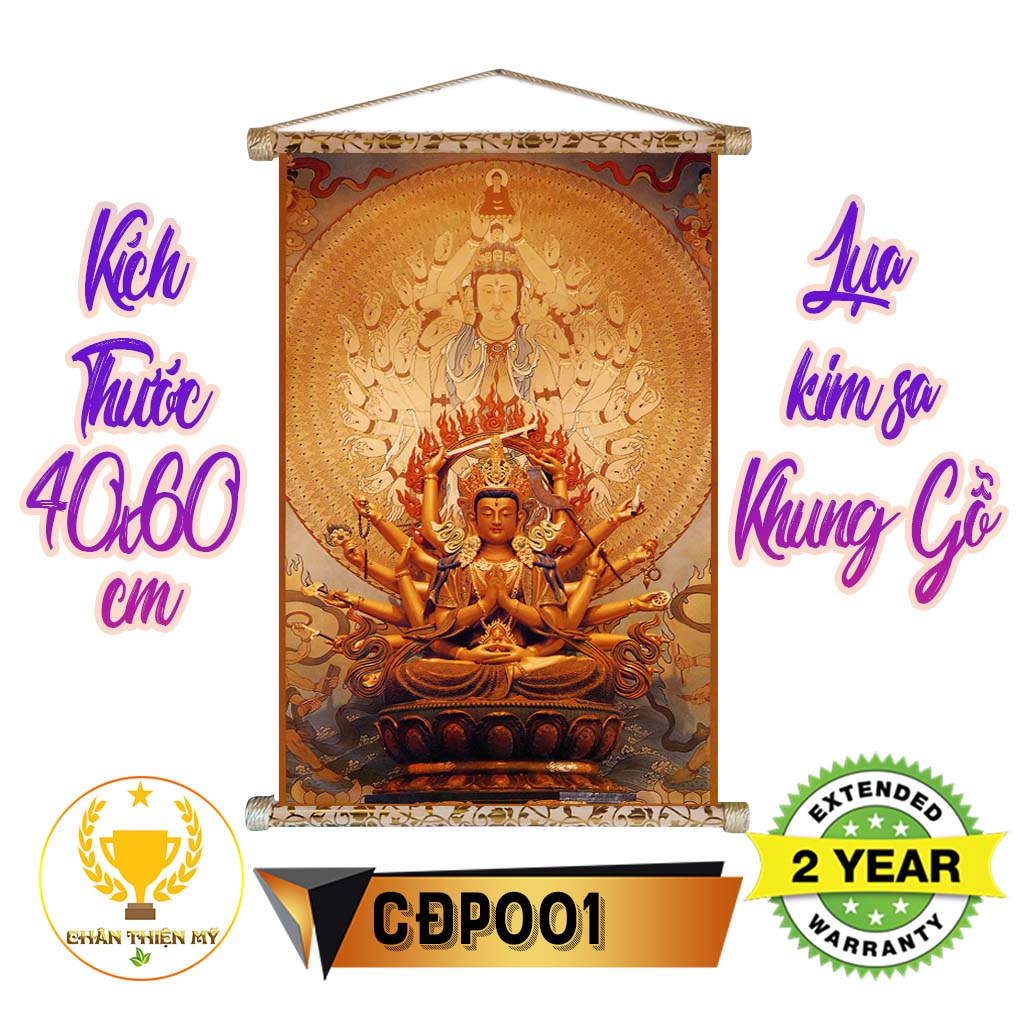[ Giá gốc tận xưởng] Tranh lụa kim sa Phật Chuẩn đề khung gỗ 40x60cm