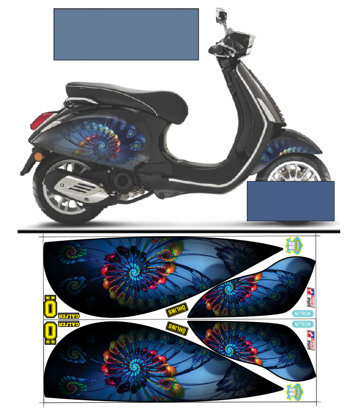 Tem xe vespa lông vũ xanh đen siêu đẹp, tem rời xe vespa