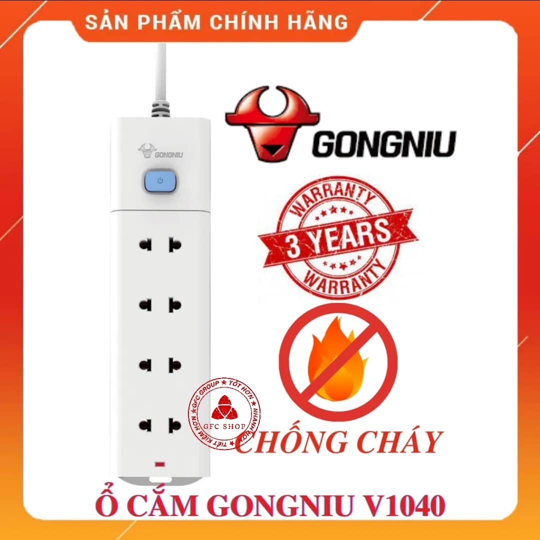 Ổ Cắm Điện Gongniu V1040 4 Ổ 1 Công Tắc - dây 3m hoặc 5m -  2500W – Trắng