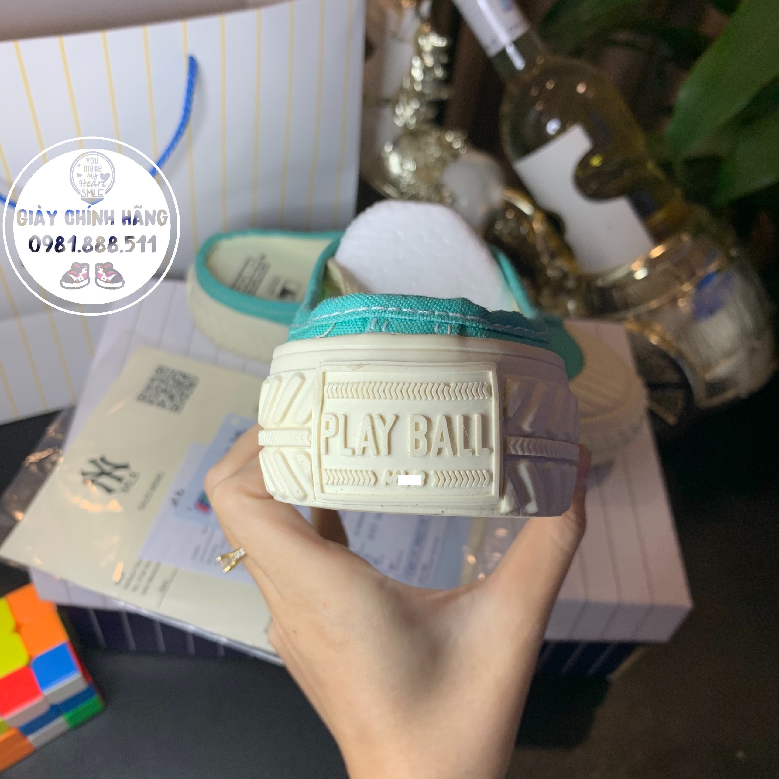[ Giày Chính Hãng]Giày sục NY xanh, đạp gót mlb nữ full box bill.