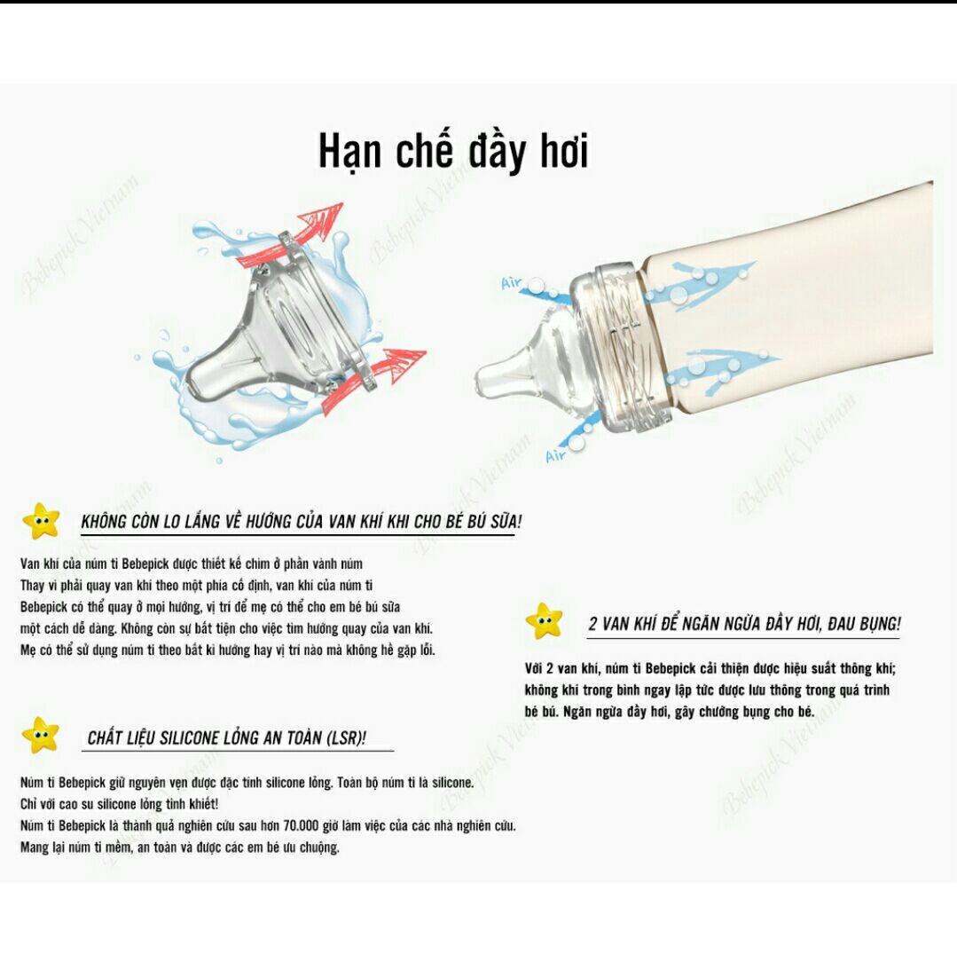 [Chính hãng] Núm ty bình chim vàng bebepick núm siêu mềm, 2 van thoát khí tốt