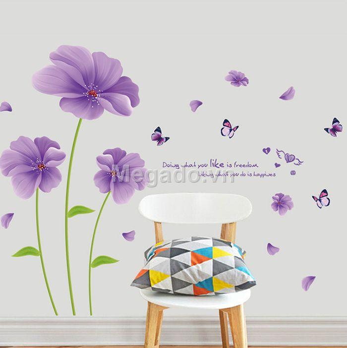 Decal tranh dán tường 2 bức hoa tím cánh to