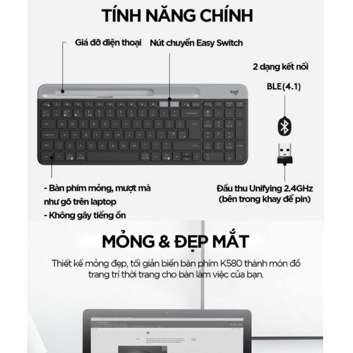 Bàn phím không dây bluetooth Logitech K580 Slim Multi device  - Bảo Hành 12 Tháng
