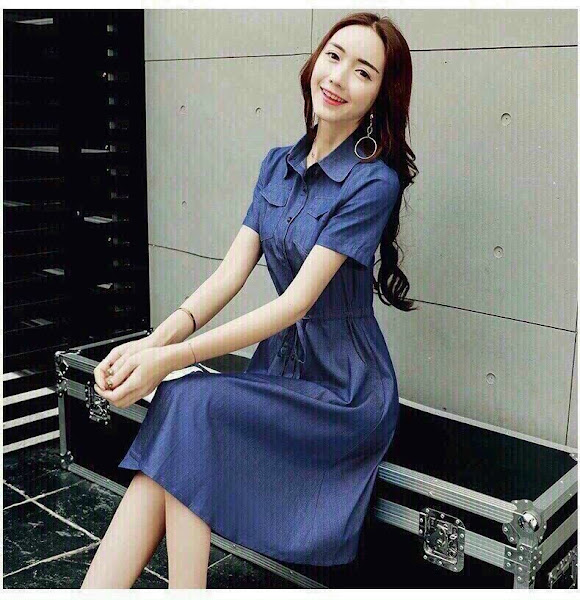 [Hcm]Drawing Waist Jean Dress with Drawing Straps
