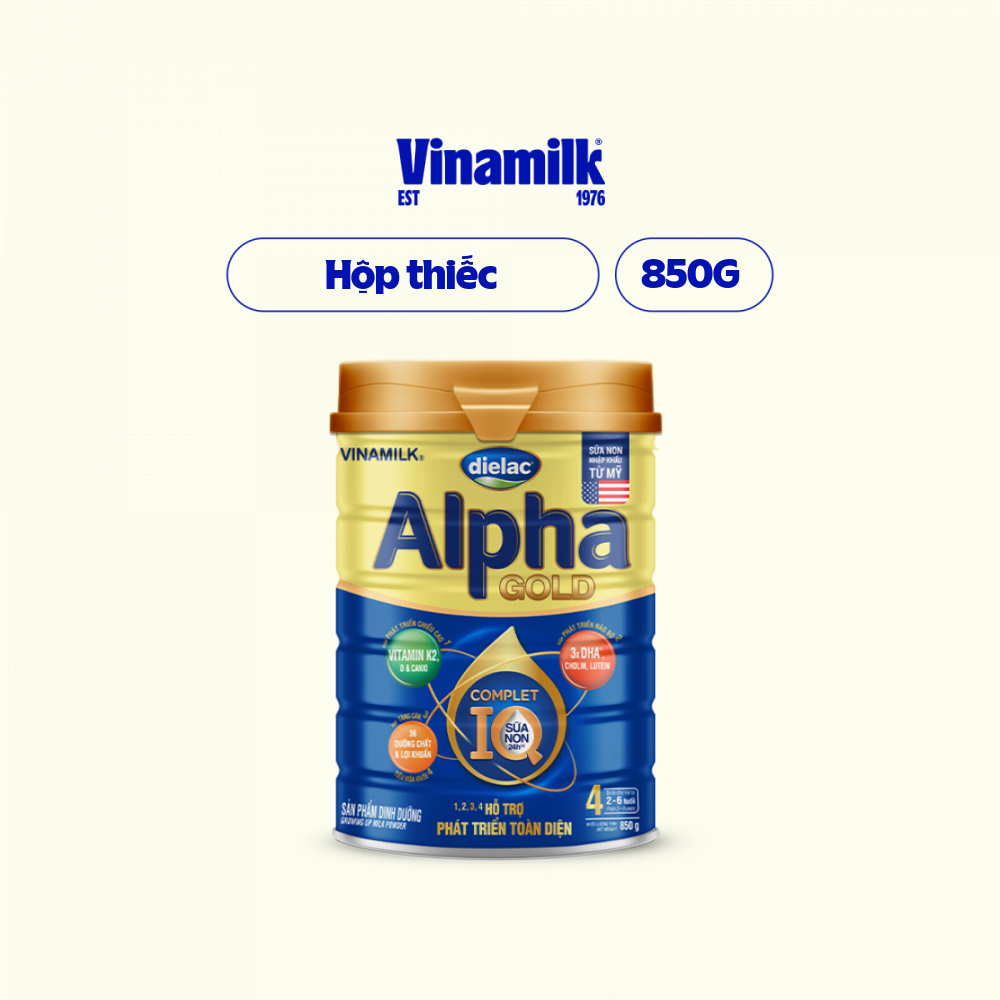 Sữa bột Vinamilk Dielac Alpha Gold 4 - Hộp thiếc 850g (cho trẻ từ 2- 6 tuổi) - Sữa công thức hỗ trợ phát triển trí não của bé, tăng cân, chiều cao