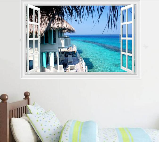 Decal trang trí tường - Cửa Sổ Nhà Nghĩ Bãi Biển