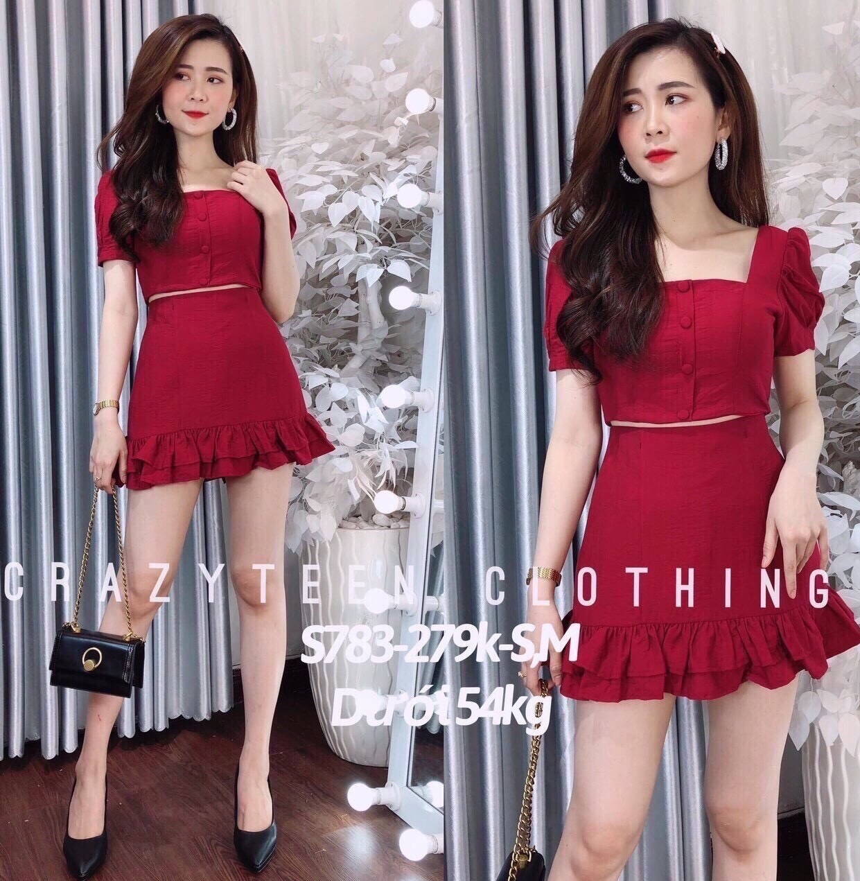 Set Áo Cổ Vuông Đính Nút Váy Đuôi Cá