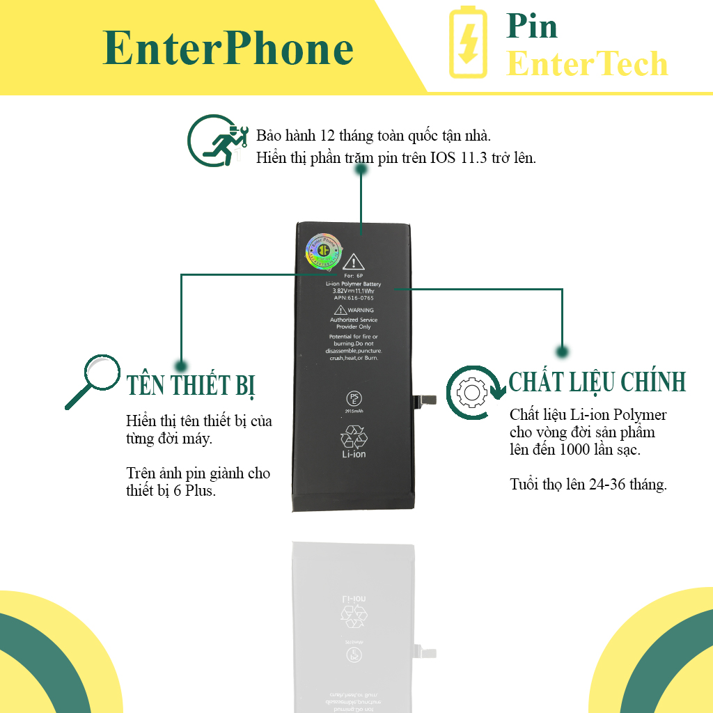 Pin dùng cho ĐT 6 Plus/ 6S Plus EnterTech dung lượng chuẩn bảo hành 12 tháng.