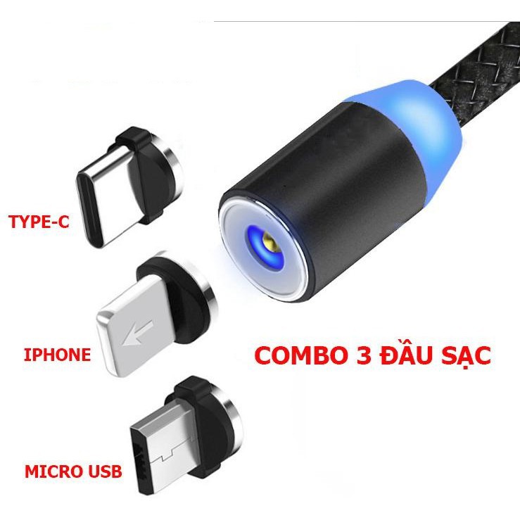 🔥[SẠC SIÊU NHANH]🔥ComBo Cáp sạc nam châm 3 đầu phát sáng, sạc nhanh, 3 cổng Micro, TypeC, Lightning 🔥SIÊU HOT🔥