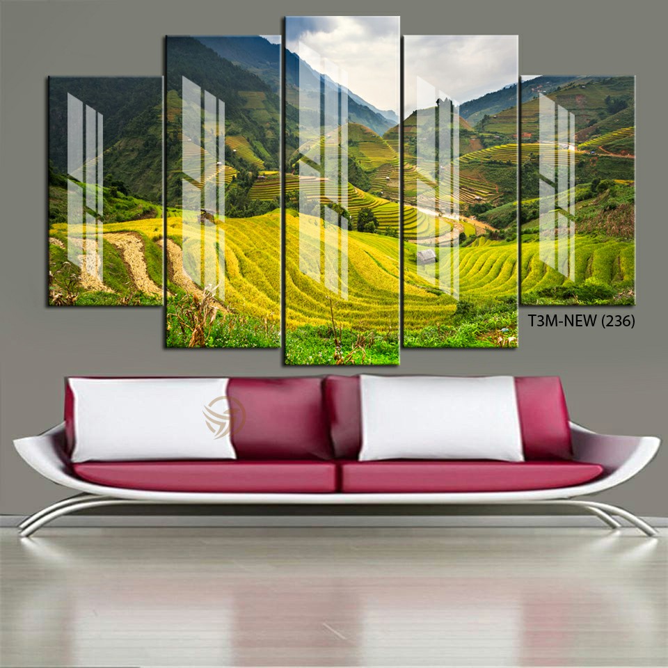 Tranh treo tường phòng khách Ruộng bậc thang 5 tấm/Gỗ MDF Hàn Quốc chống ẩm mốc, mối mọt