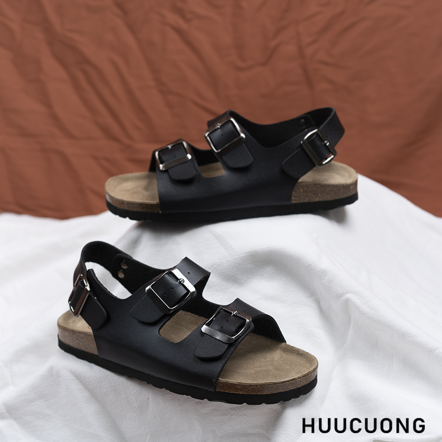 Giày Sandal Đế trấu Unisex 2 khóa da pu đen