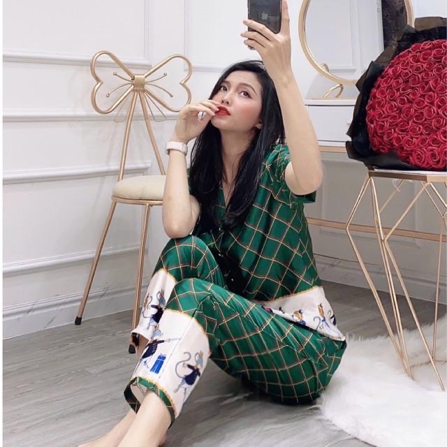 Pijama lụa satin , đồ mặc nhà nữ in 3D lính chì