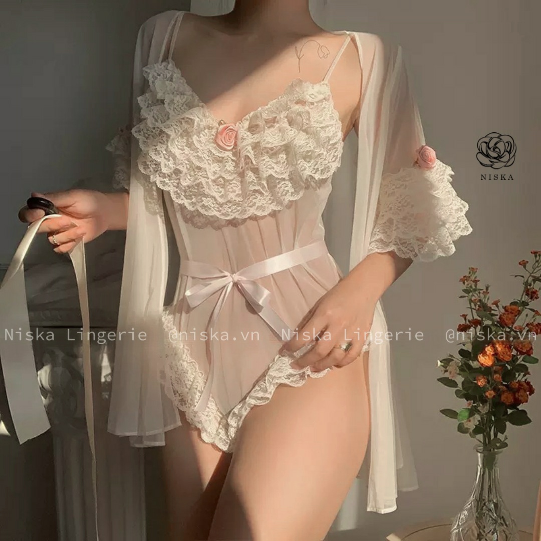 Set bodysuit và choàng ren - Mã D238