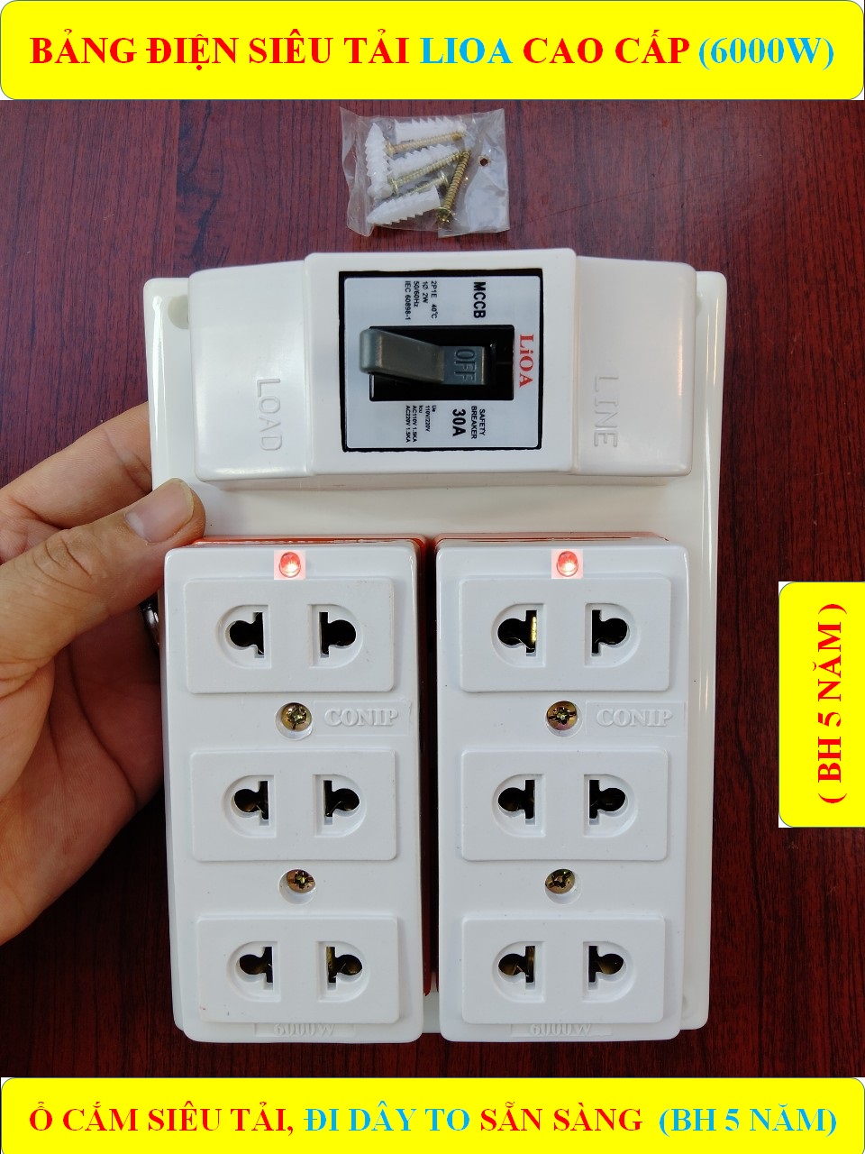 Bảng điện nổi CHỊU TẢI CAO 6000W CONIP (BH 5 NĂM) + 2 Ổ cắm SỨ SIÊU TẢI 6000W lò xo chống giãn + Đã đi dây TO sẵn sàng + Bộ ốc vít lắp đặt (bộ 1 sp)