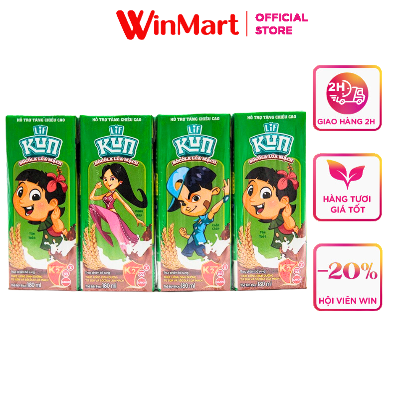 [Siêu thị WinMart] - Thức uống dinh dưỡng Kun vị cacao lúa mạch Love'in Farm lốc 4 hộp x 180ml