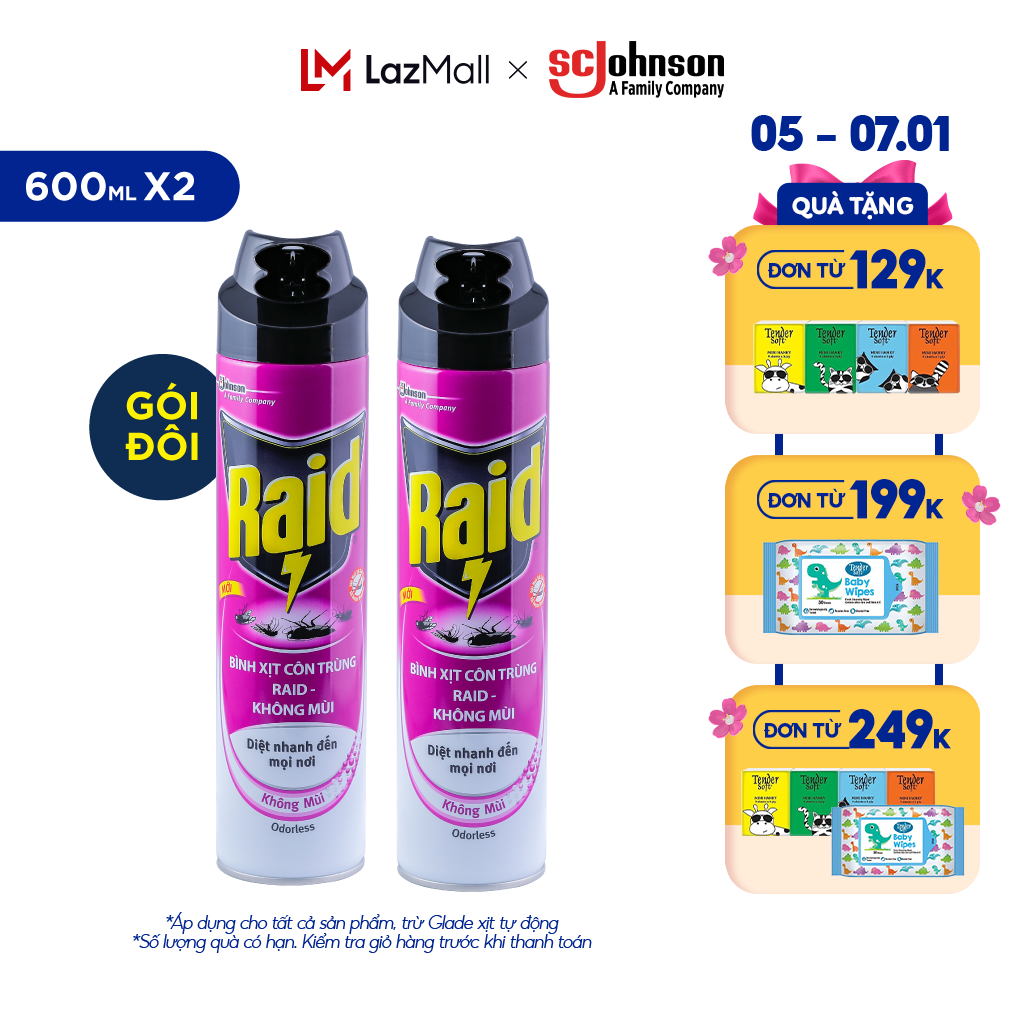 Combo 2 Bình xịt côn trùng RAID Không Mùi thoáng mát 600ml/bình