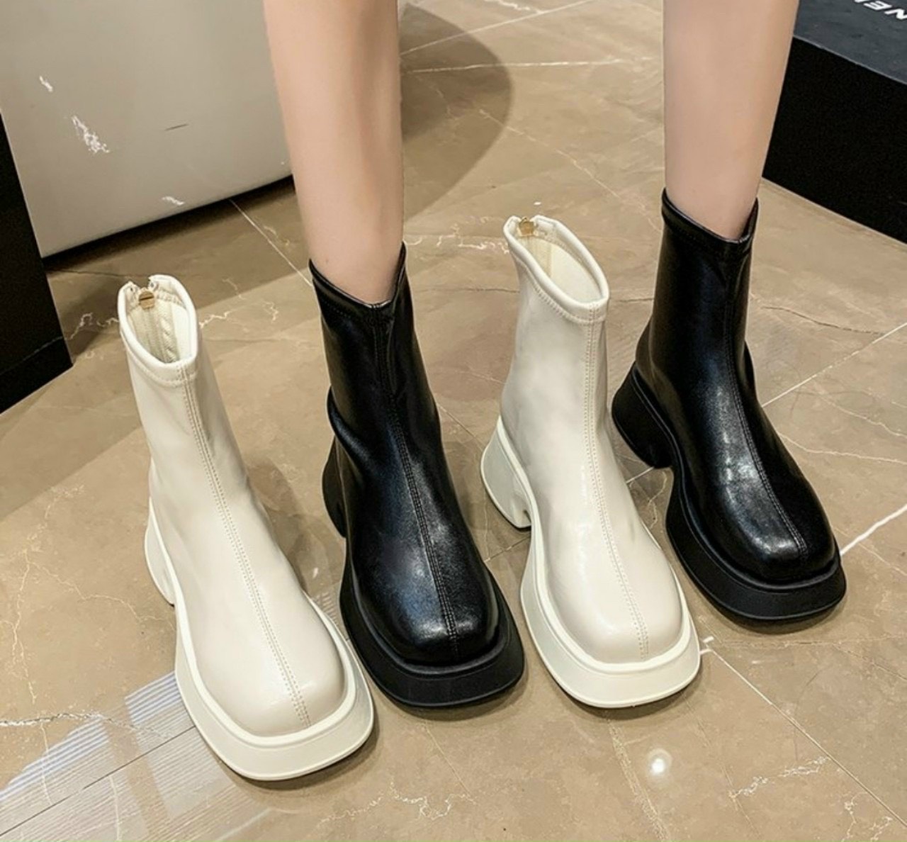 Boot cổ lửng da lì đế cong 5cm đơn điệu,sang chảnh- G995
