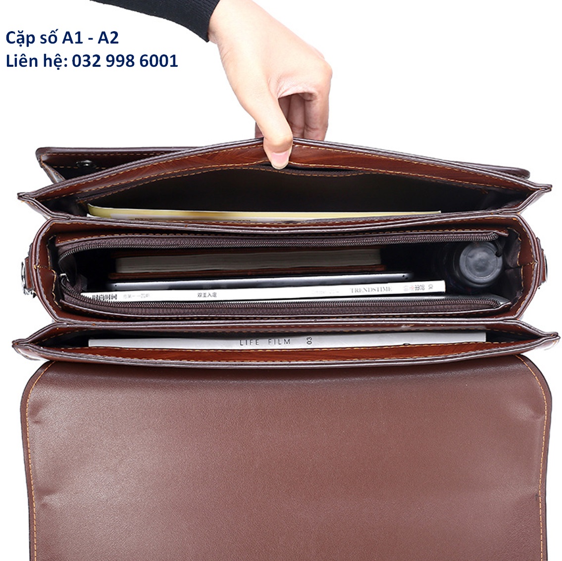 Cặp da khóa số công sở đựng laptop mã A 38x29x9cm (Nâu sáng - Nâu đậm)