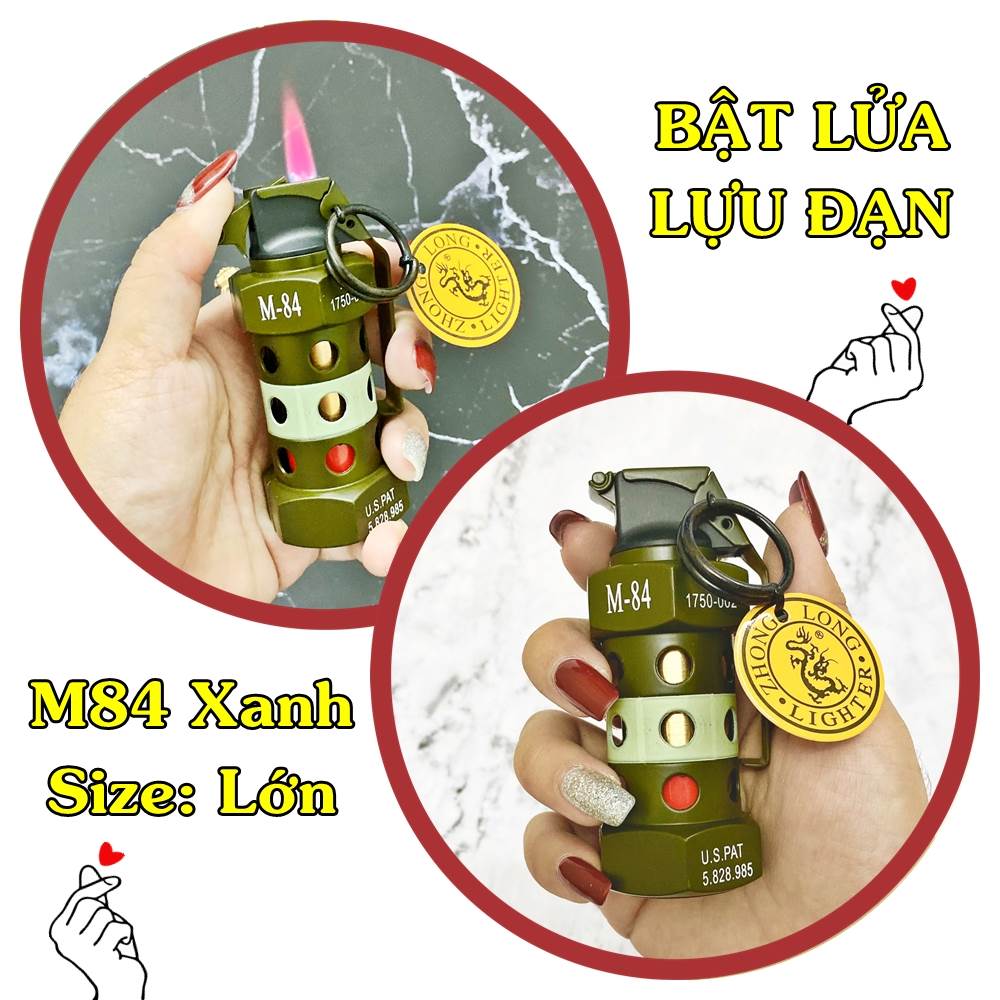 BẬT LỬA KHÈ - MÓC KHÓA HÌNH TRÁI LỰU M84 XANH (SIZE LỚN) - (XÀI GAS)