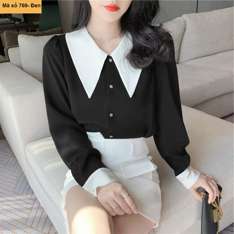 [HCM]B769- áo sơ mi nút ngọc phối cổ trắng