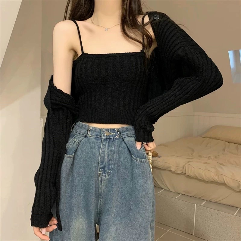 [ MỚI VỀ]-Set áo len gân gồm áo choàng lửng và áo 2 dây QC