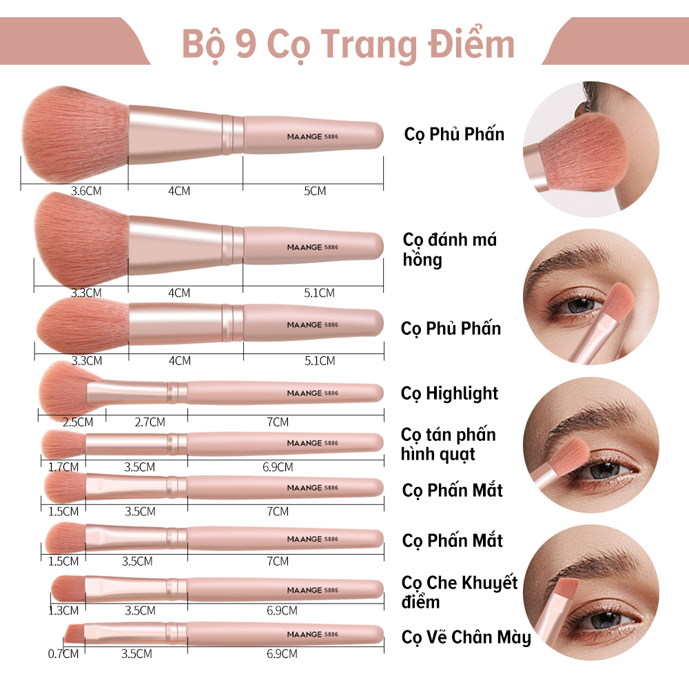 Bộ 9 cọ trang điểm MAANGE Dụng cụ làm đẹp chuyên nghiệp Với hộp