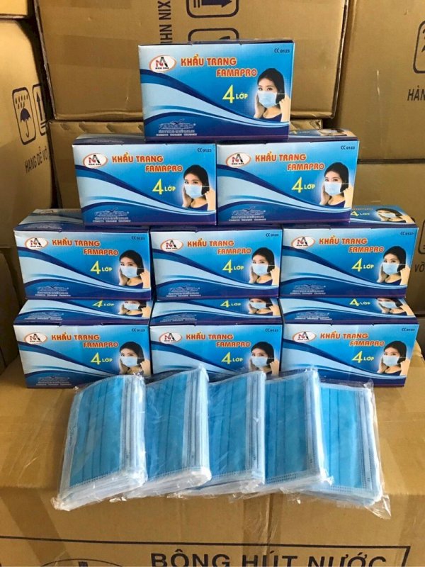 khẩu trang y tế 4 lớp FAMARPRO màu xanh.kháng khuẩn ngăn ngừa vi rút.có giấy kiểm định của bộ y tế,hộp 50 cái.giá 89k