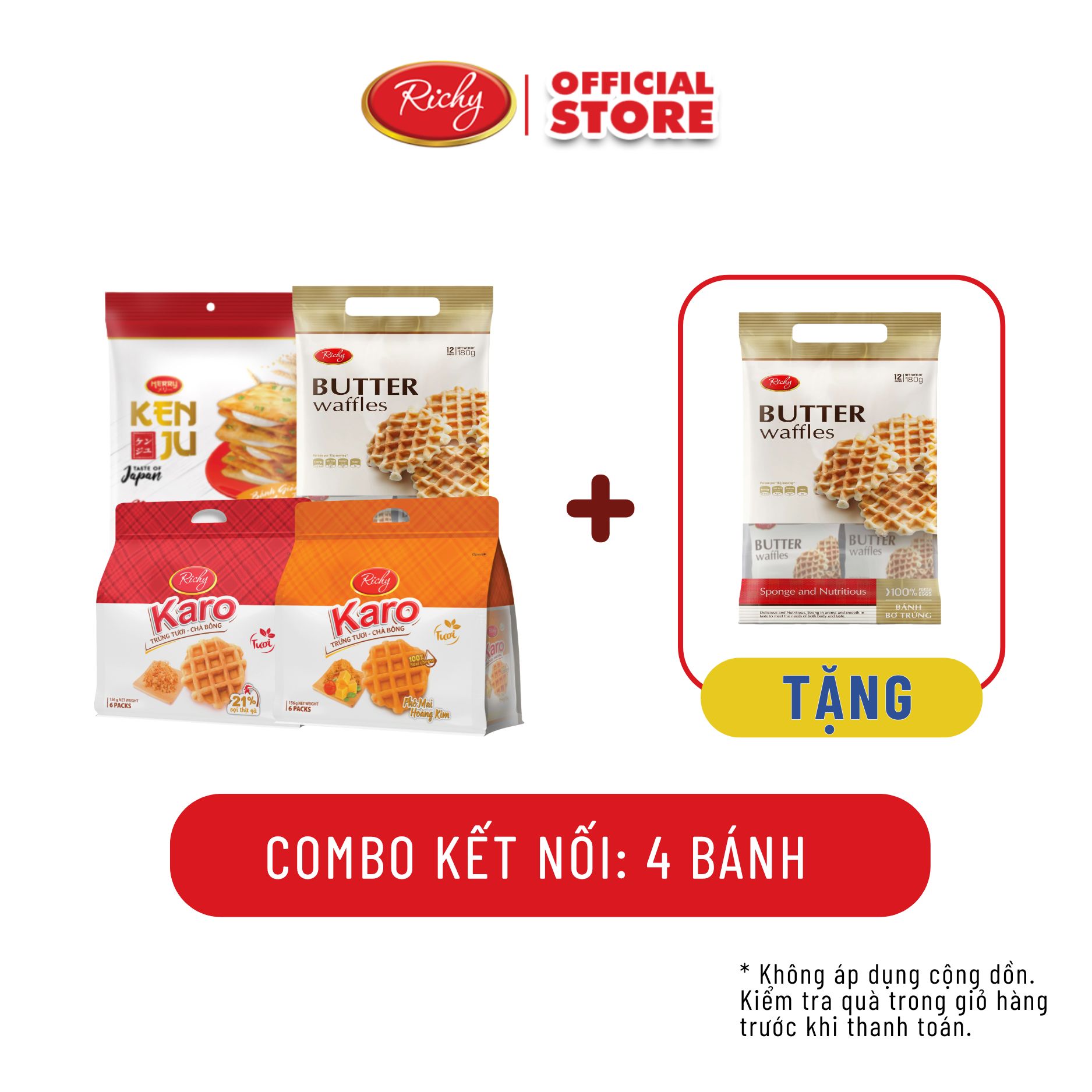 [TẶNG BÁNH KARO XUẤT NHẬT] Combo kết nối, Combo 4 bánh, bánh karo sợi gà tươi, bánh karo phô mai hoàng kim, bánh quy kenju kem dẻo hành, bánh karo bơ trứng giòn xuất Nhật - Bánh kẹo Richy
