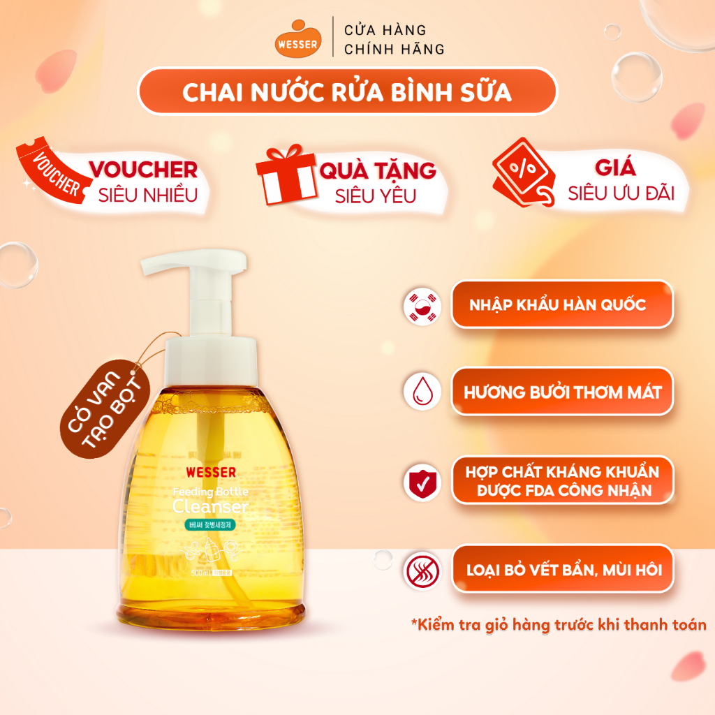 Nước Rửa Bình Sữa núm vú và phụ kiện cho bé Wesser chai 500ml Hàn Quốc nhập khẩu