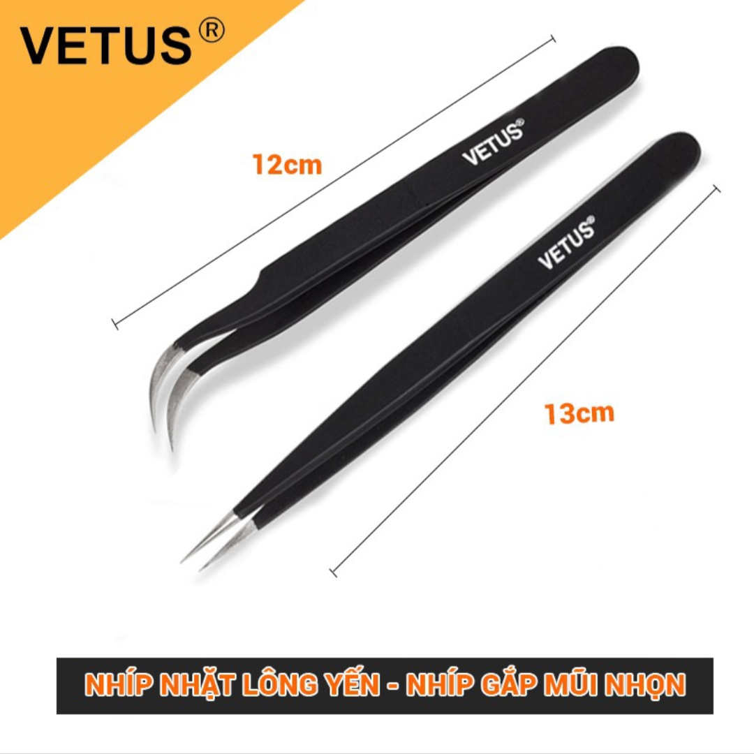 Set 2 Cây Nhíp Nhặt Lông Yến, Nhíp Gắp Linh Kiện Điện Tử 1 Cong 1 Thẳng Chính Hãng Vetus Siêu Nhọn