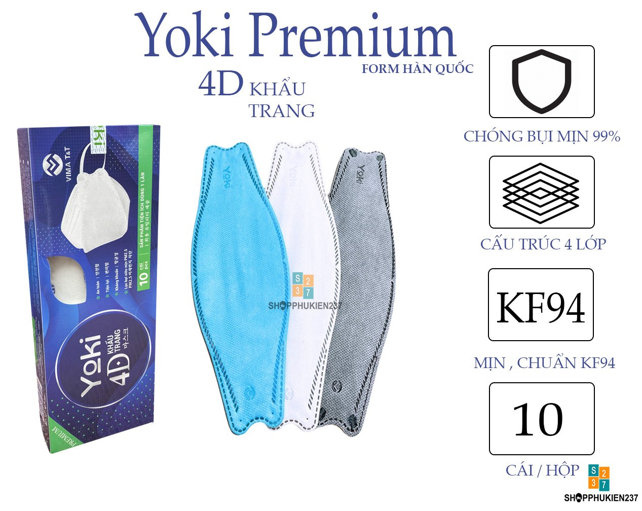 Combo 3 Hộp Khẩu Trang 4D Yoki Premium KF94 Hàng 4 Lớp Cao Cấp
