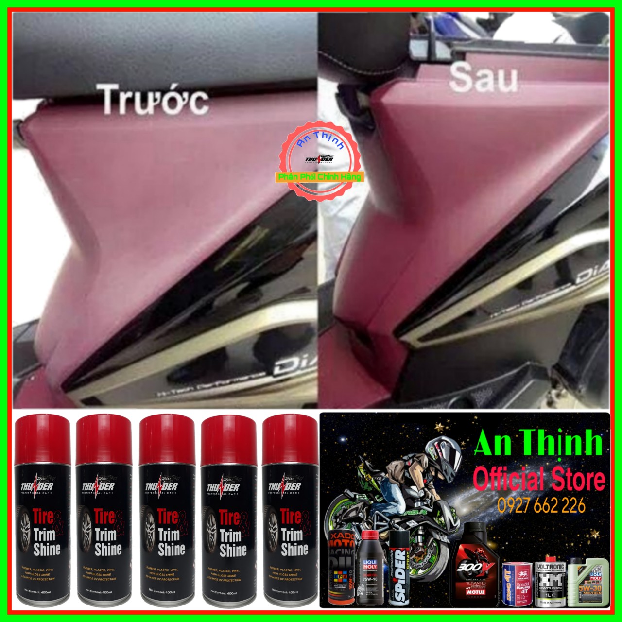 Chai Dưỡng, Phục Hồi Nhựa Nhám, Bóng Vỏ Xe Thunder Tire Trim Shine 400ML-Cao Cấp Chính Hãng Cho Mọi Loại Xe. 