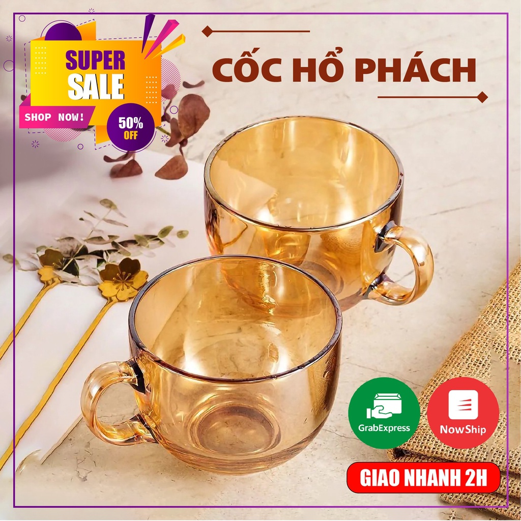 Bộ 2 cốc thuỷ tinh màu hổ phách có tay cầm - cốc hổ phách set 2 cái 470ml/1 cái