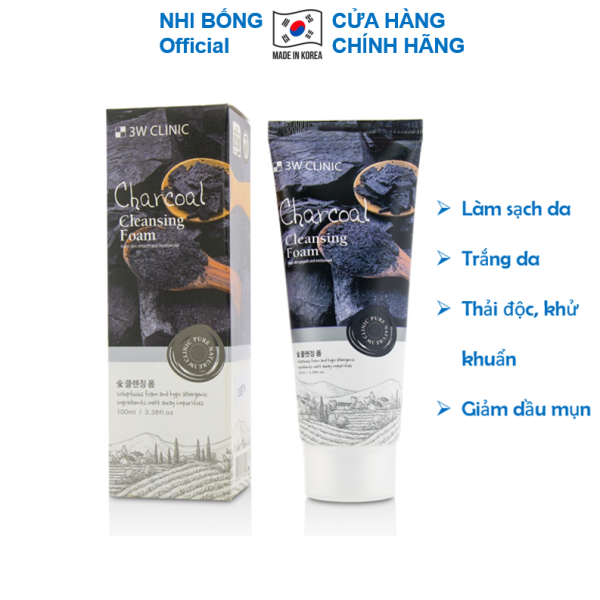 Sữa rửa mặt trắng da và làm sạch chiết xuất từ than hoạt tính 3W Clinic Hàn Quốc 100ml Giúp da trắng sáng mềm mịn tự nhiên SRM03