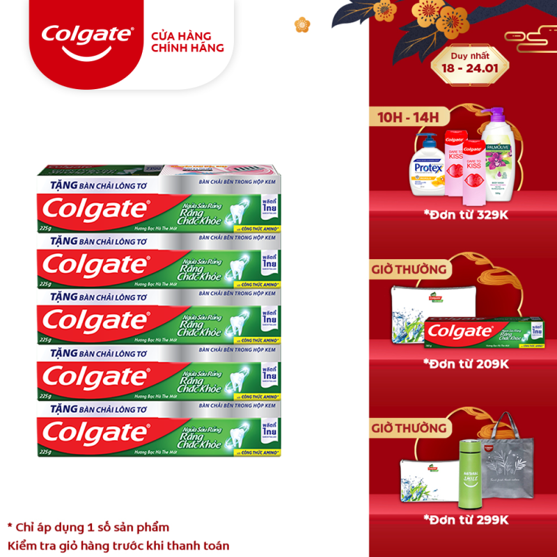Bộ 5 kem đánh răng Colgate ngừa sâu răng răng chắc khỏe 225g/tuýp tặng bàn chải đánh răng lông tơ nhập khẩu Thái Lan nhập khẩu