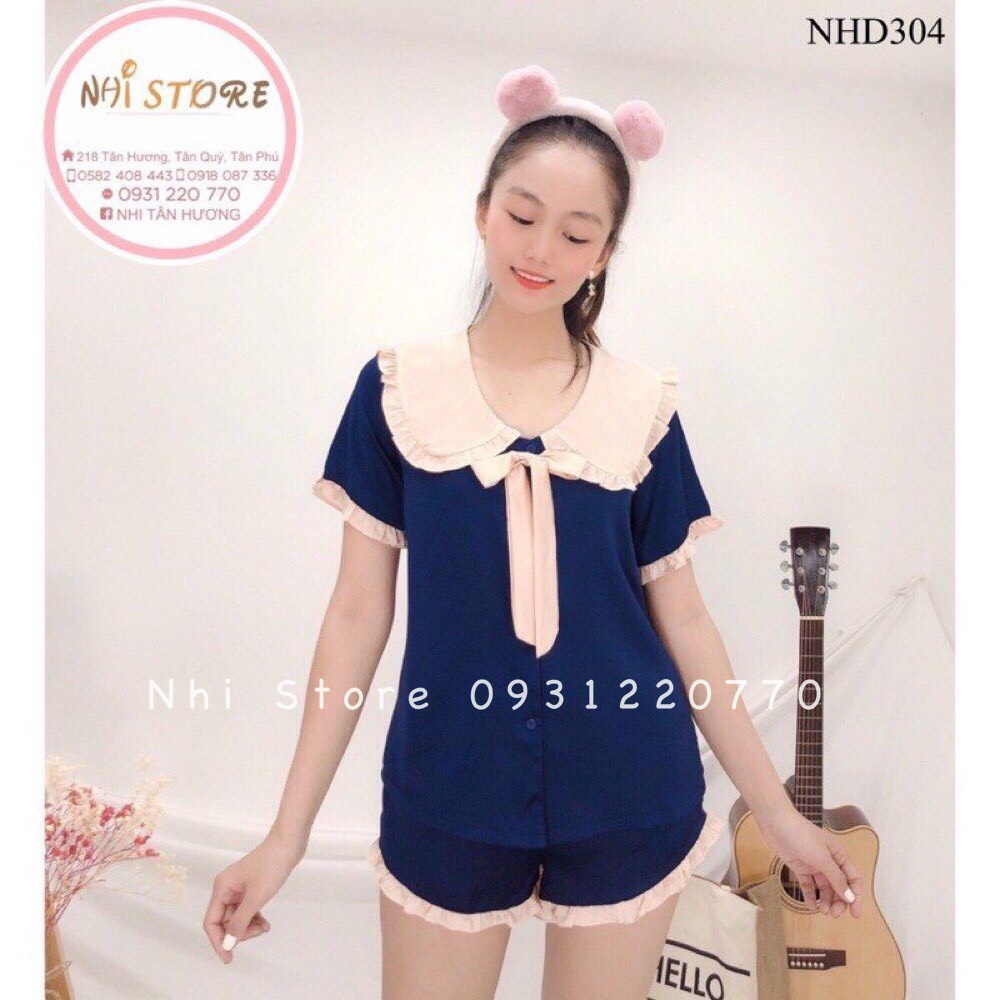Bộ lụa pijama - bộ đùi lụa tay ngăn tiểu thư cổ phối bèo nơ freesize 45-58kg