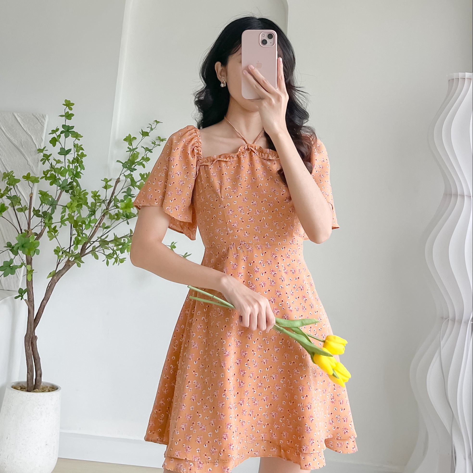 Đầm JOSE - Đầm hoa cổ vuông dây yếm