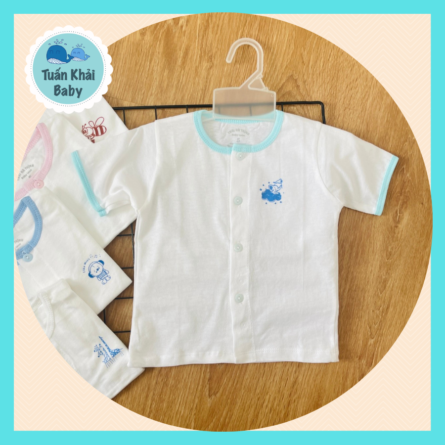 Túi 1 áo sơ sinh cotton 100% thái hà thịnh | mẫu tay ngắn trắng cài nút giữa | size 1-5 cho bé sơ sinh - 11kg | áo quần sơ sinh