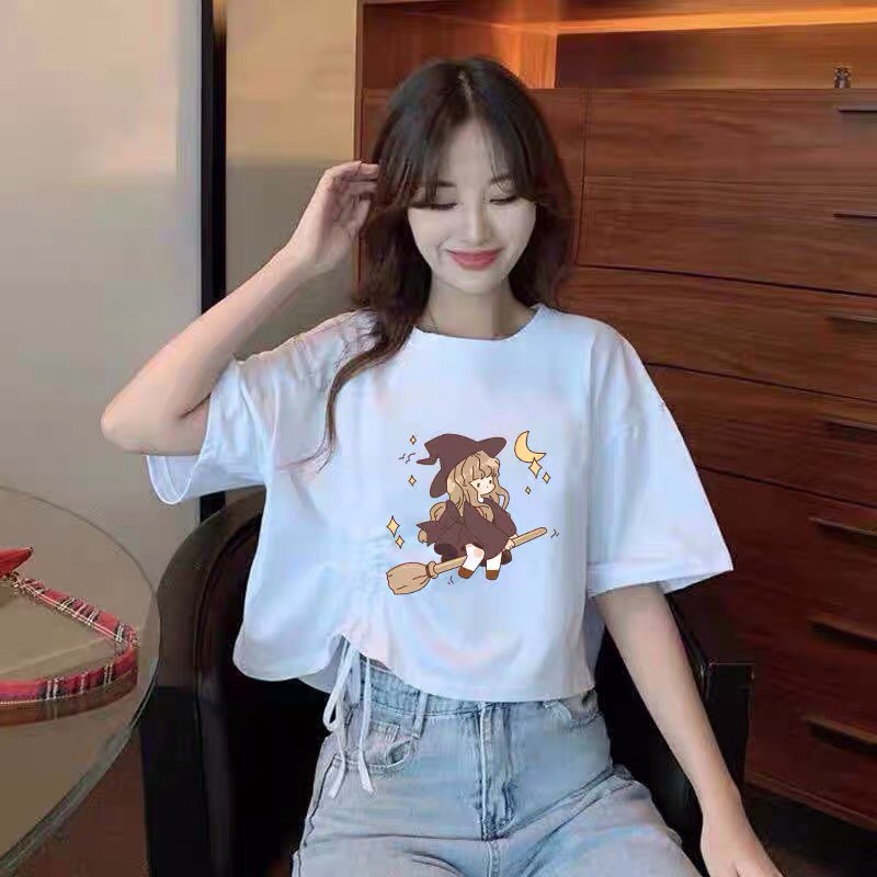 Các mẫu áo trắng cloptop rút eo in các hình đầy cá tính