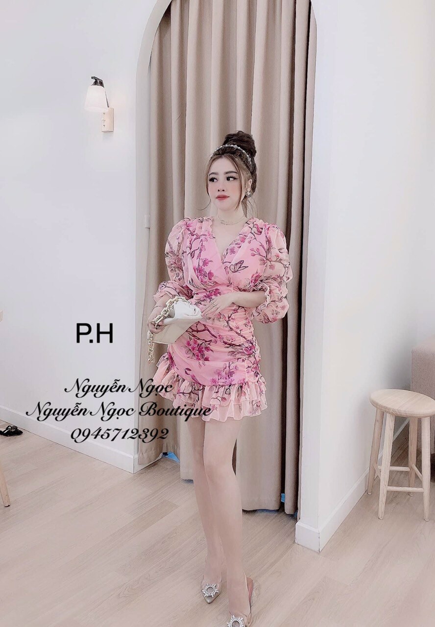 [HCM]Đầm hoa body đuôi cá cổ đắp chéo tay lỡ